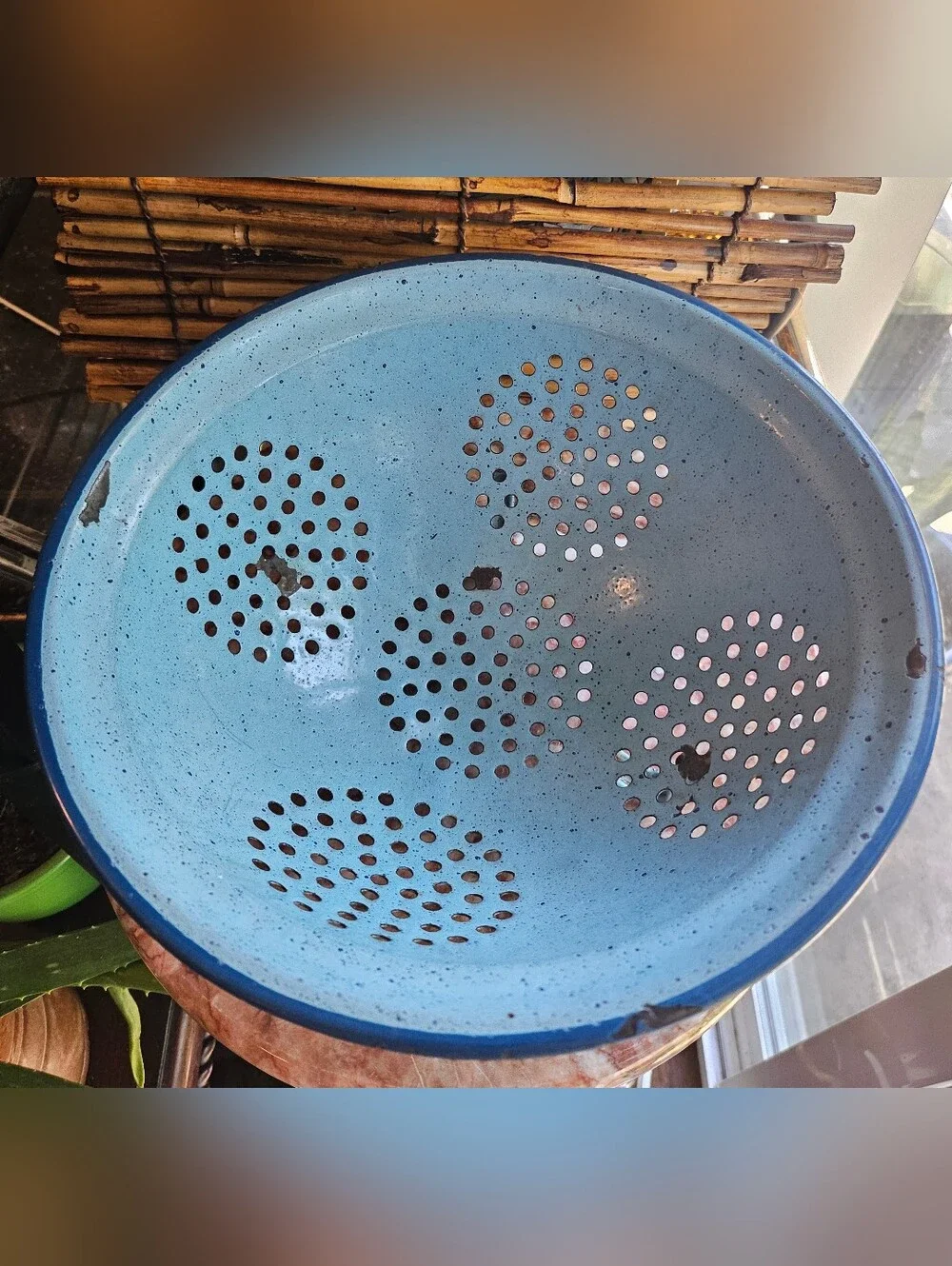 Vintage Enamelware Blue Footed Strainer
